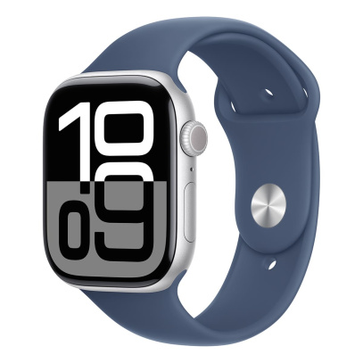 Apple Watch Series 10, 46 мм корпус из алюминия цвета «Silver», ремешок Sport Band размера M/L цвета «Denim» Apple Watch Series 10, 46 мм корпус из алюминия цвета «Silver», ремешок Sport Band размера M/L цвета «Denim»