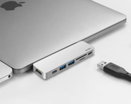 Хаб WiWU 2*USB3.0+2*Type-C+HDMI+SD+TF (T8) Серый Хаб WiWU 2*USB3.0+2*Type-C+HDMI+SD+TF (T8) Серый