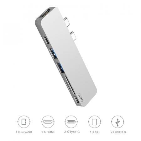 Хаб WiWU 2*USB3.0+2*Type-C+HDMI+SD+TF (T8) Серый Хаб WiWU 2*USB3.0+2*Type-C+HDMI+SD+TF (T8) Серый