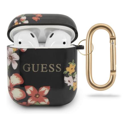 Чехол Guess с карабином для AirPods 1/2 CG Mobile TPU case with ring Marble design (GUACA2TPUBKFL04) С рисунком цветов, черный Чехол Guess с карабином для AirPods 1/2 CG Mobile TPU case with ring Marble design (GUACA2TPUBKFL04) С рисунком цветов, черный