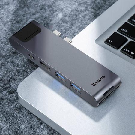 Переходник Baseus для MacBook HUB TB3 C+ (Dual Type-C to USB3.0/HDMI/Type-C/SD/Micro/LAN) (CAHUB-L0G) Deep Grey, темно-серый Переходник Baseus для MacBook HUB TB3 C+ (Dual Type-C to USB3.0/HDMI/Type-C/SD/Micro/LAN) (CAHUB-L0G) Deep Grey, темно-серый