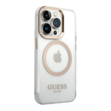 Чехол Guess для iPhone 15 Pro с MagSafe PC/TPU Metal outline Hard (GUHMP15LHTRMD) Transparent/Gold Прозрачный Чехол Guess для iPhone 15 Pro с MagSafe PC/TPU Metal outline Hard (GUHMP15LHTRMD) Transparent/Gold Прозрачный